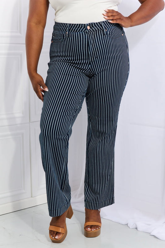 Judy Blue Cassidy Full Size High Waisted Tummy Control Striped Straight Jeans - Full Size Jeans - French Blue - Bella Bourget