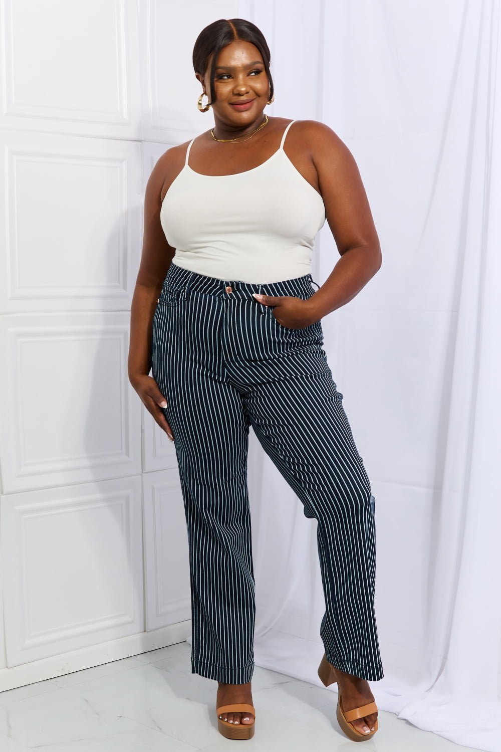 Judy Blue Cassidy Full Size High Waisted Tummy Control Striped Straight Jeans - Full Size Jeans - French Blue - Bella Bourget