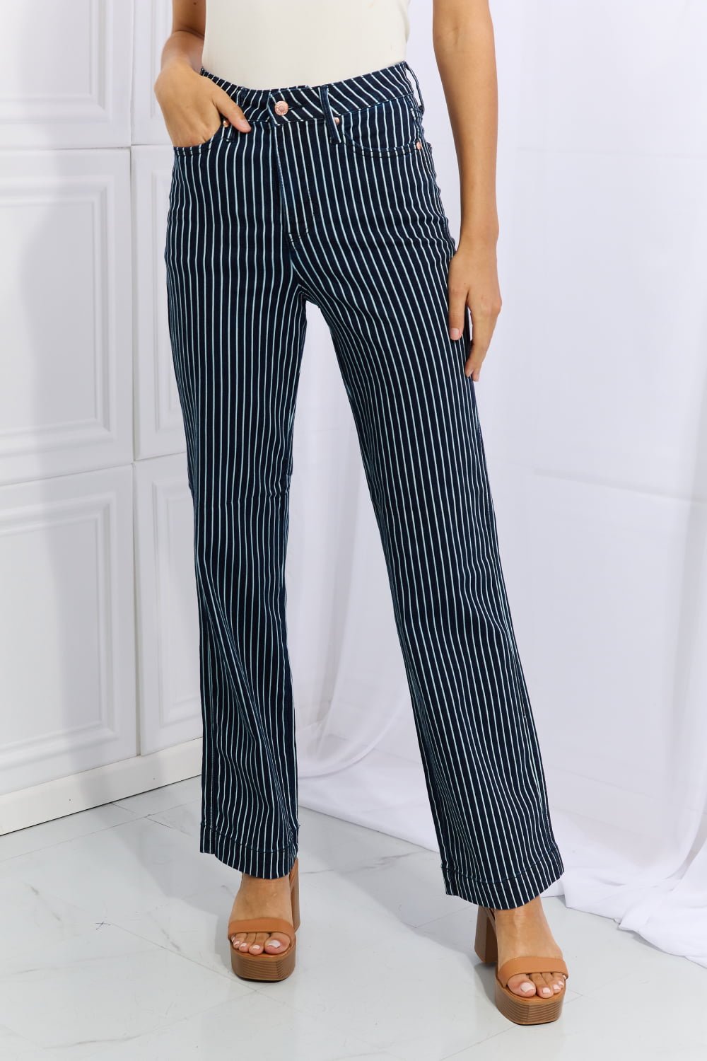 Judy Blue Cassidy Full Size High Waisted Tummy Control Striped Straight Jeans - Full Size Jeans - French Blue - Bella Bourget