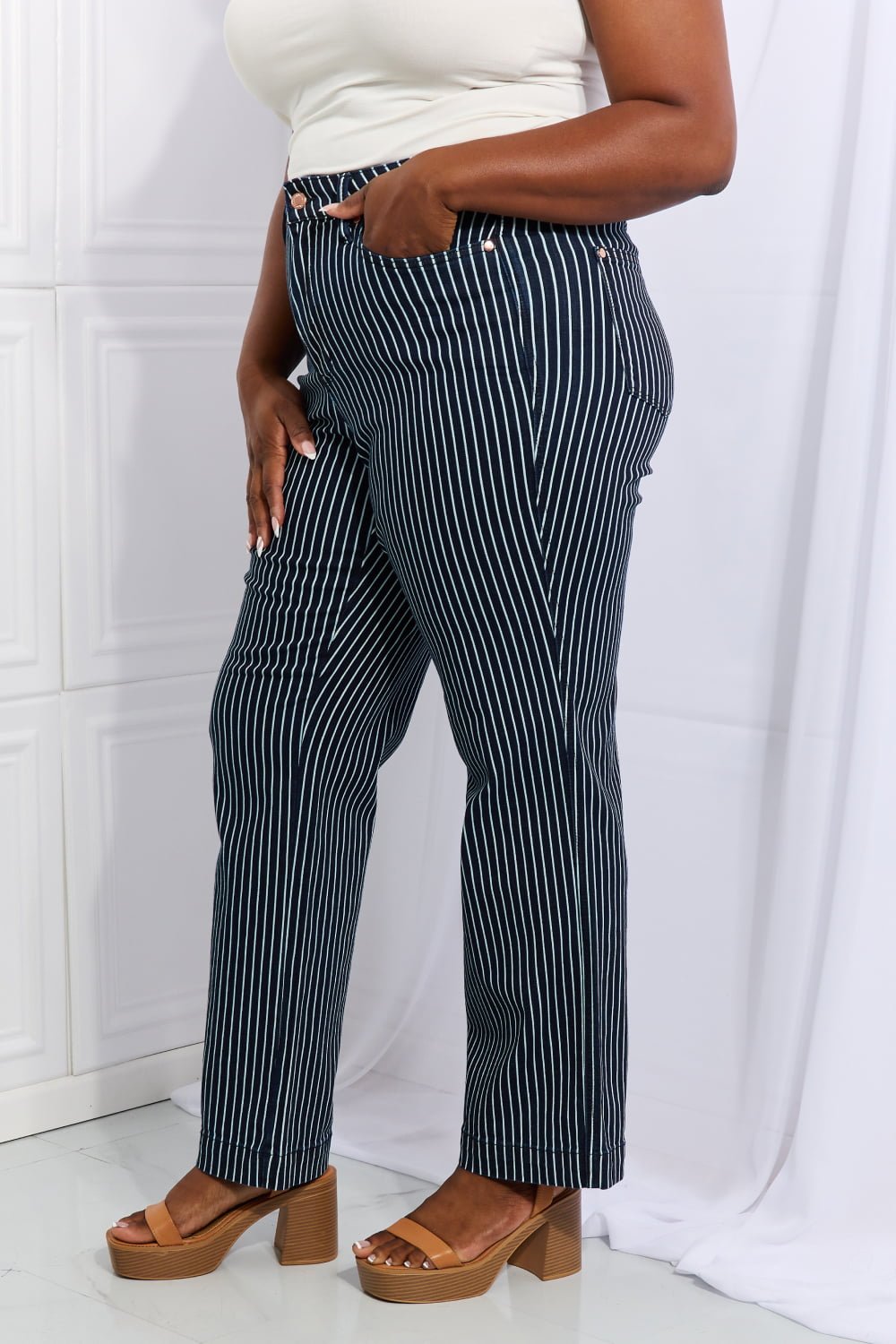 Judy Blue Cassidy Full Size High Waisted Tummy Control Striped Straight Jeans - Full Size Jeans - French Blue - Bella Bourget