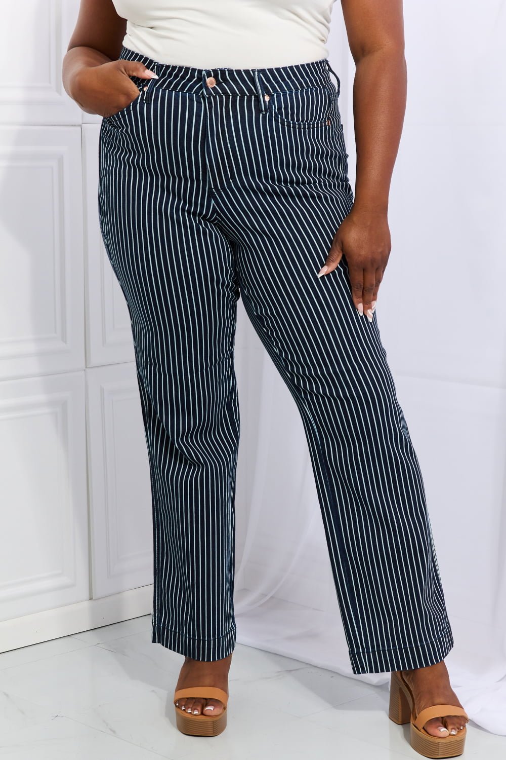 Judy Blue Cassidy Full Size High Waisted Tummy Control Striped Straight Jeans - Full Size Jeans - French Blue - Bella Bourget