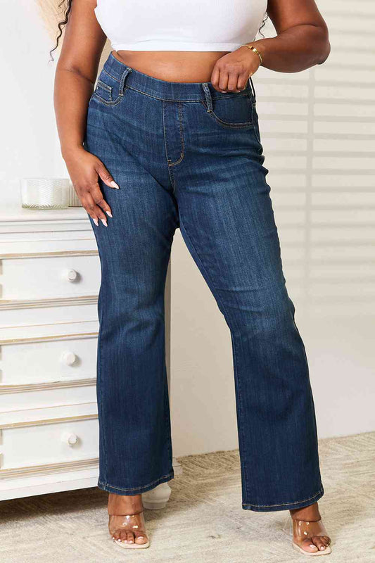 Judy Blue Full Size Elastic Waistband Slim Bootcut Jeans - TikTok - Dark - Bella Bourget
