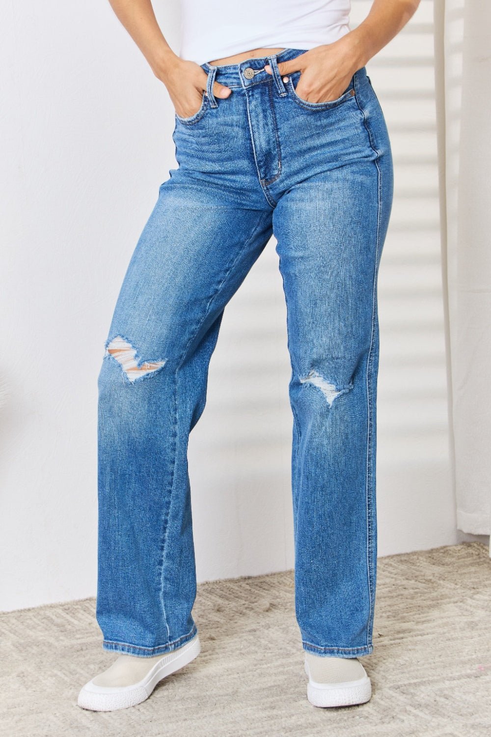 Judy Blue Full Size High Waist Distressed Straight - Leg Jeans - Jeans - Medium - Bella Bourget