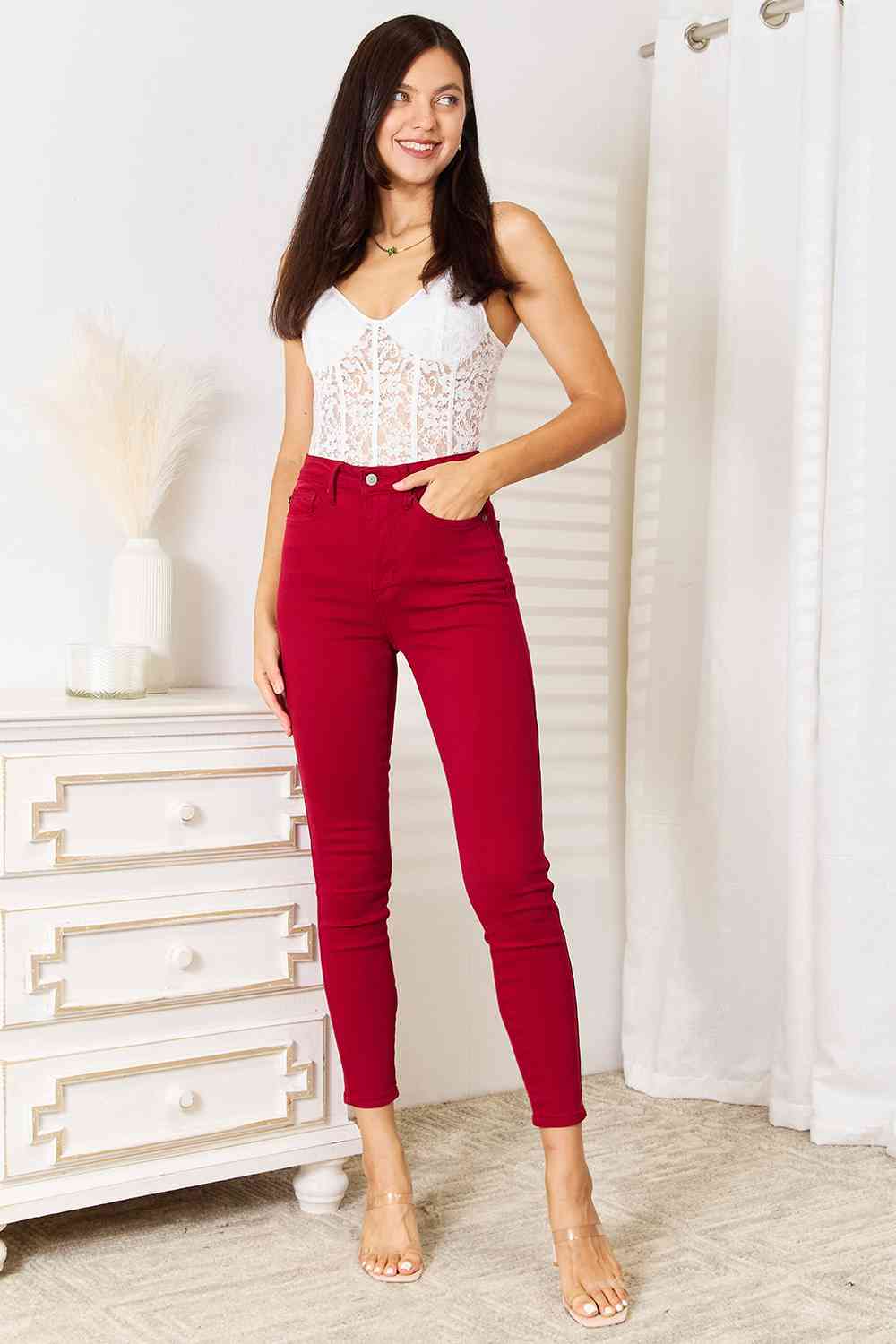 Judy Blue Full Size High Waist Tummy Control Skinny Jeans - TikTok - Deep Red - Bella Bourget