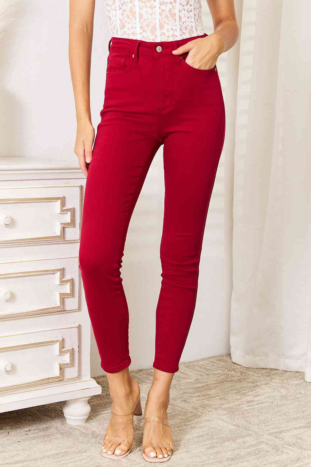 Judy Blue Full Size High Waist Tummy Control Skinny Jeans - TikTok - Deep Red - Bella Bourget