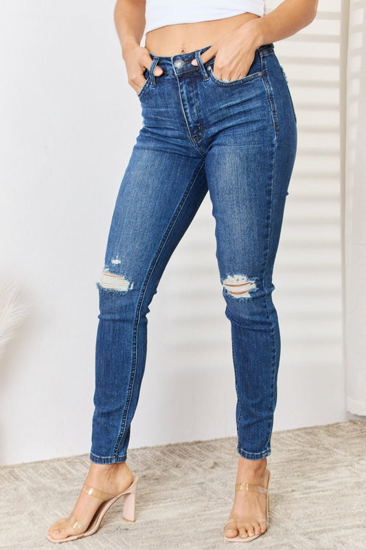 Judy Blue Full Size Mid Waist Distressed Slim Jeans - Jeans - Dark - Bella Bourget