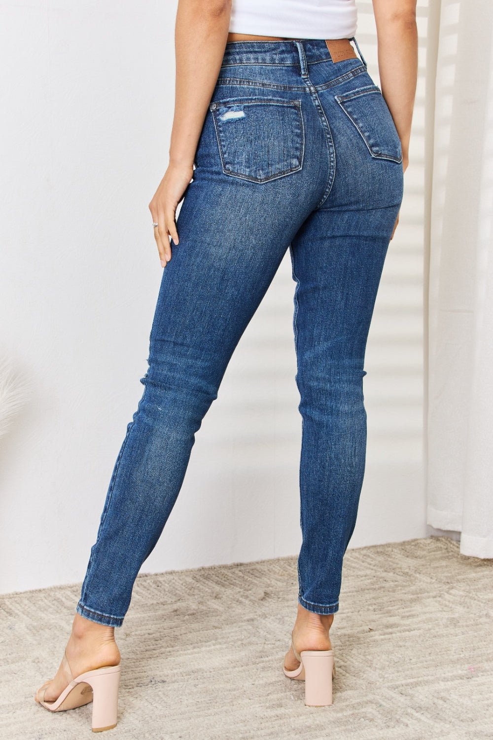 Judy Blue Full Size Mid Waist Distressed Slim Jeans - Jeans - Dark - Bella Bourget