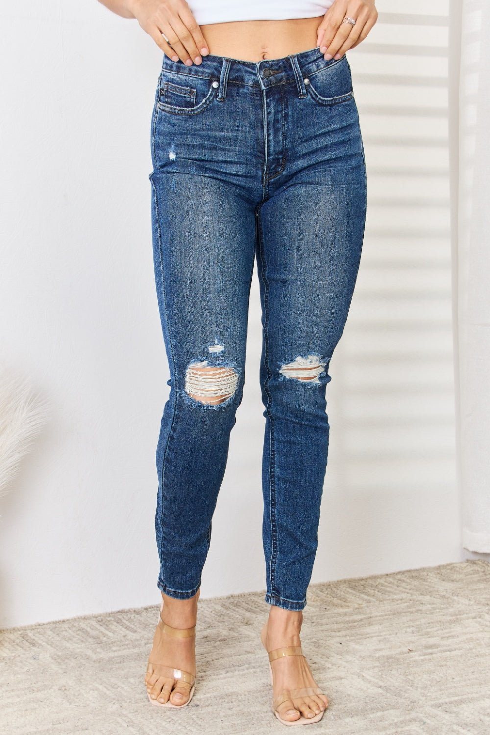 Judy Blue Full Size Mid Waist Distressed Slim Jeans - Jeans - Dark - Bella Bourget