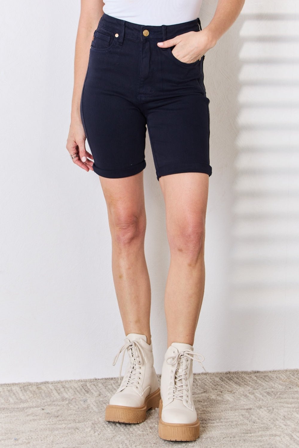 Judy Blue High Waist Tummy Control Bermuda Shorts (Full Size) - Shorts - Navy - Bella Bourget
