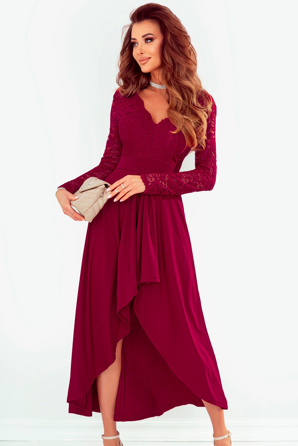 Lace High - Low V - Neck Dress - Dress - Red - Bella Bourget