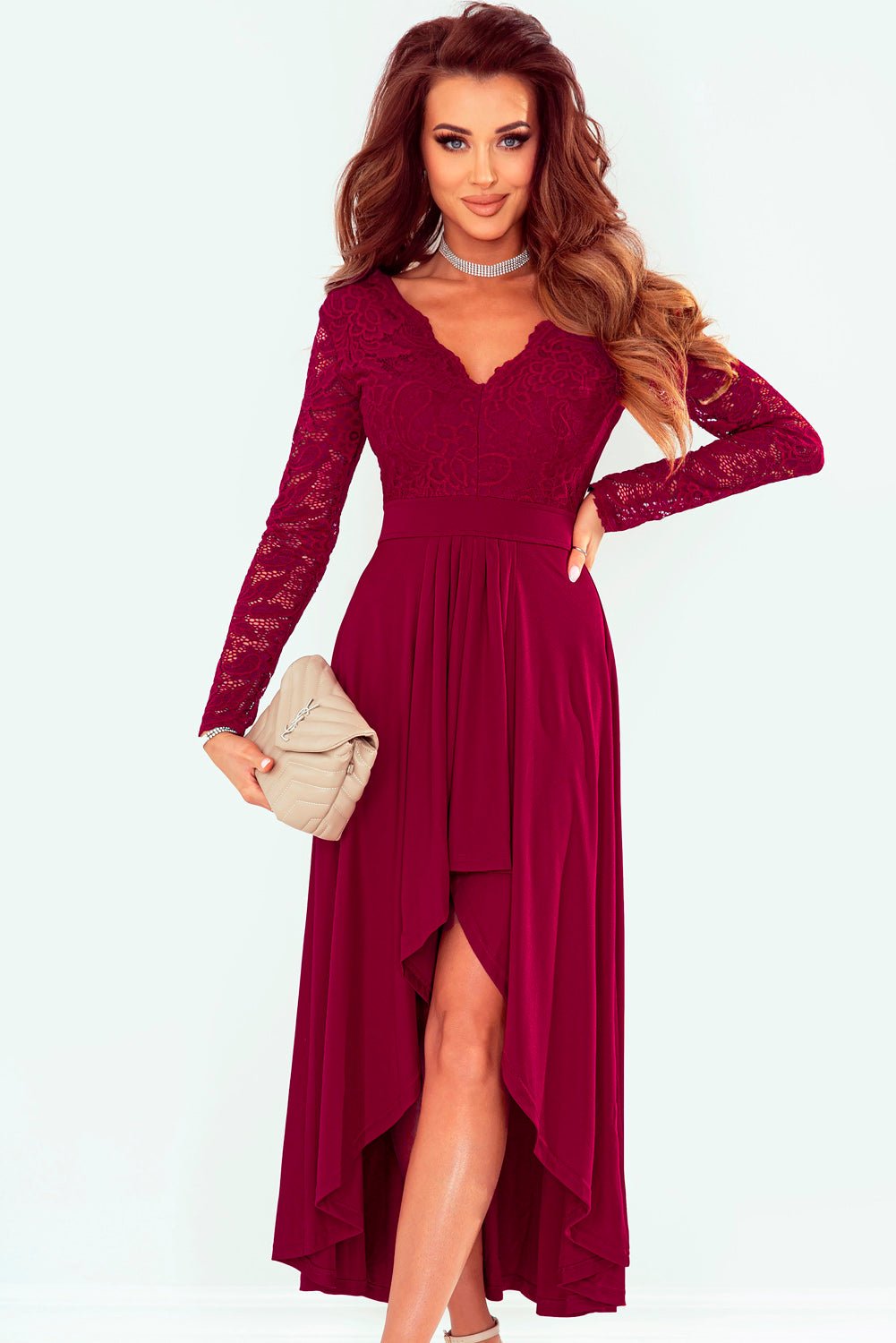 Lace High - Low V - Neck Dress - Dress - Red - Bella Bourget