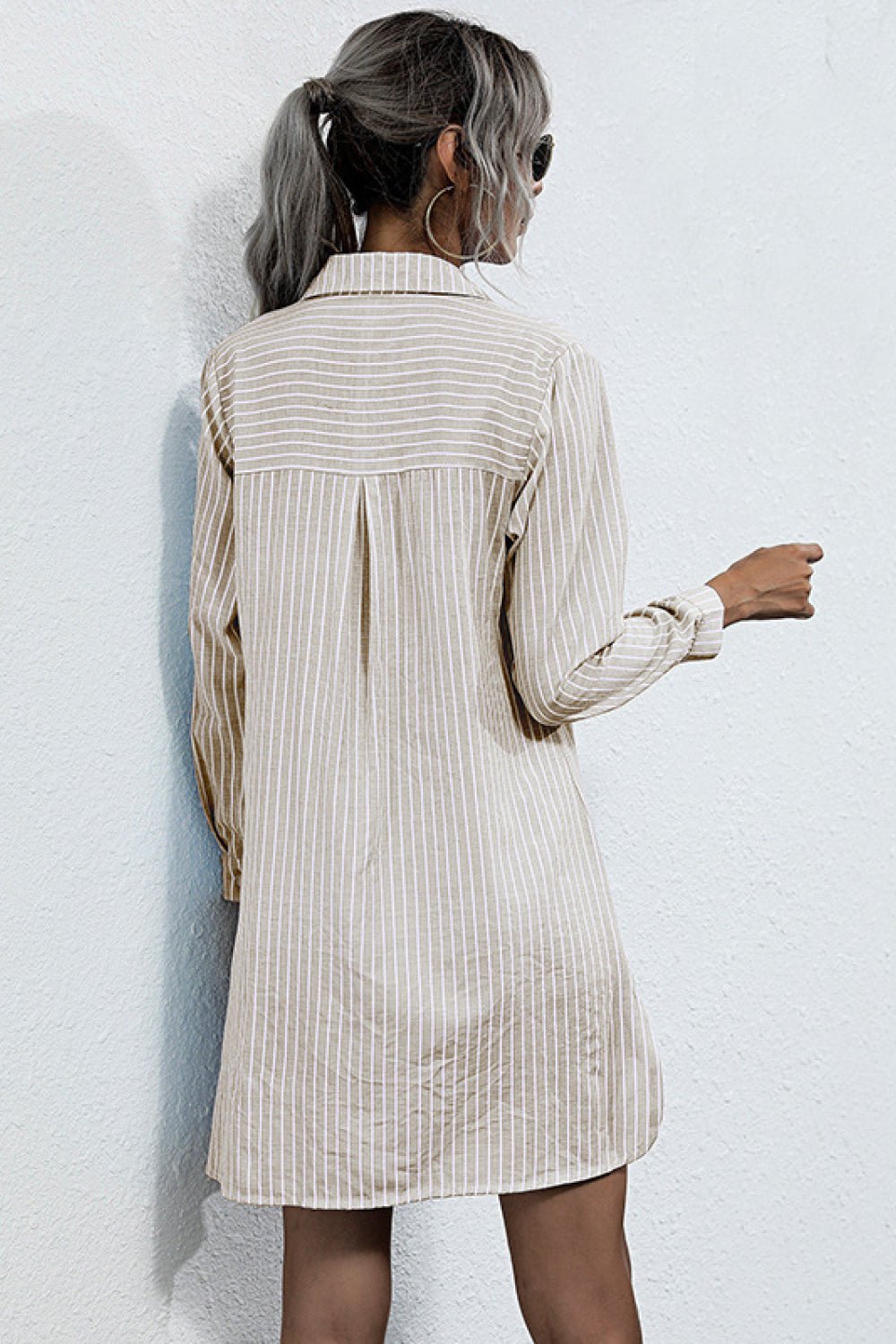 Lace Up Collar Shirt Dress - Dress - Khaki - Bella Bourget