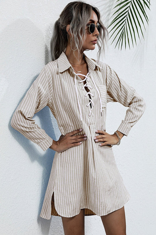 Lace Up Collar Shirt Dress - Dress - Khaki - Bella Bourget