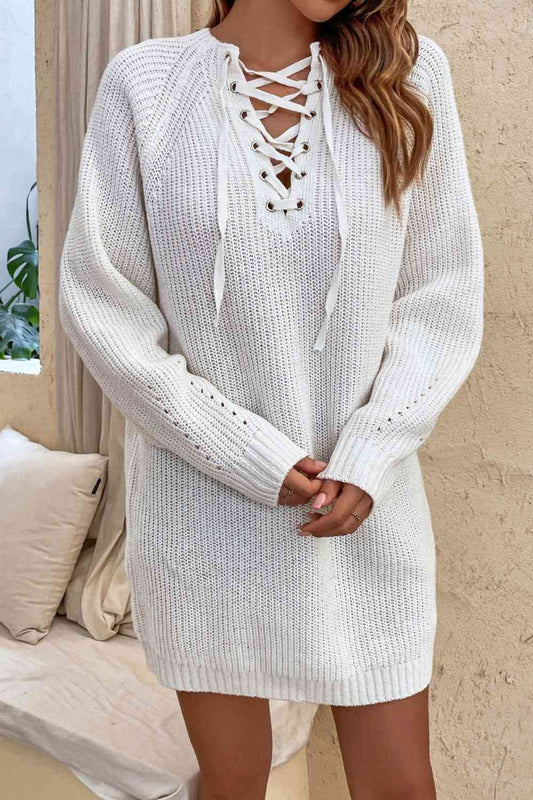 Lace - Up Mini Sweater Dress - Sweater Dress - Ivory - Bella Bourget