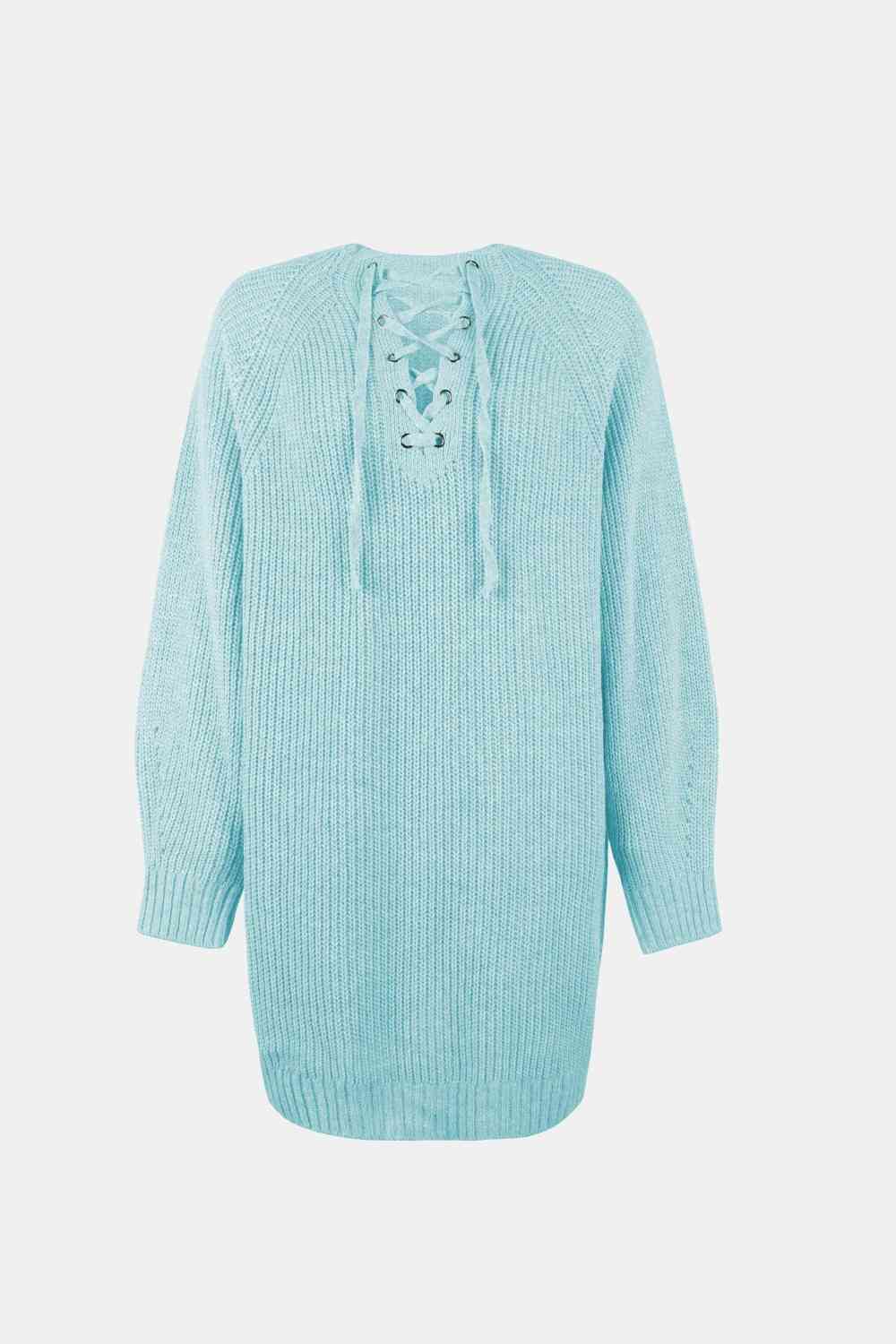 Lace - Up Mini Sweater Dress - Sweater Dress - Mint Blue - Bella Bourget