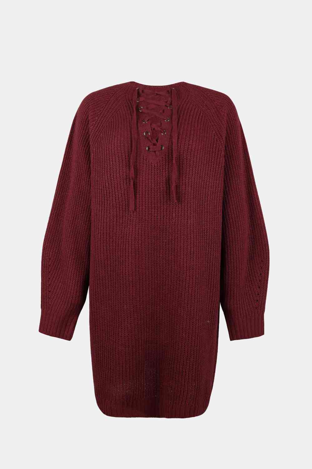 Lace - Up Mini Sweater Dress - Sweater Dress - Wine - Bella Bourget