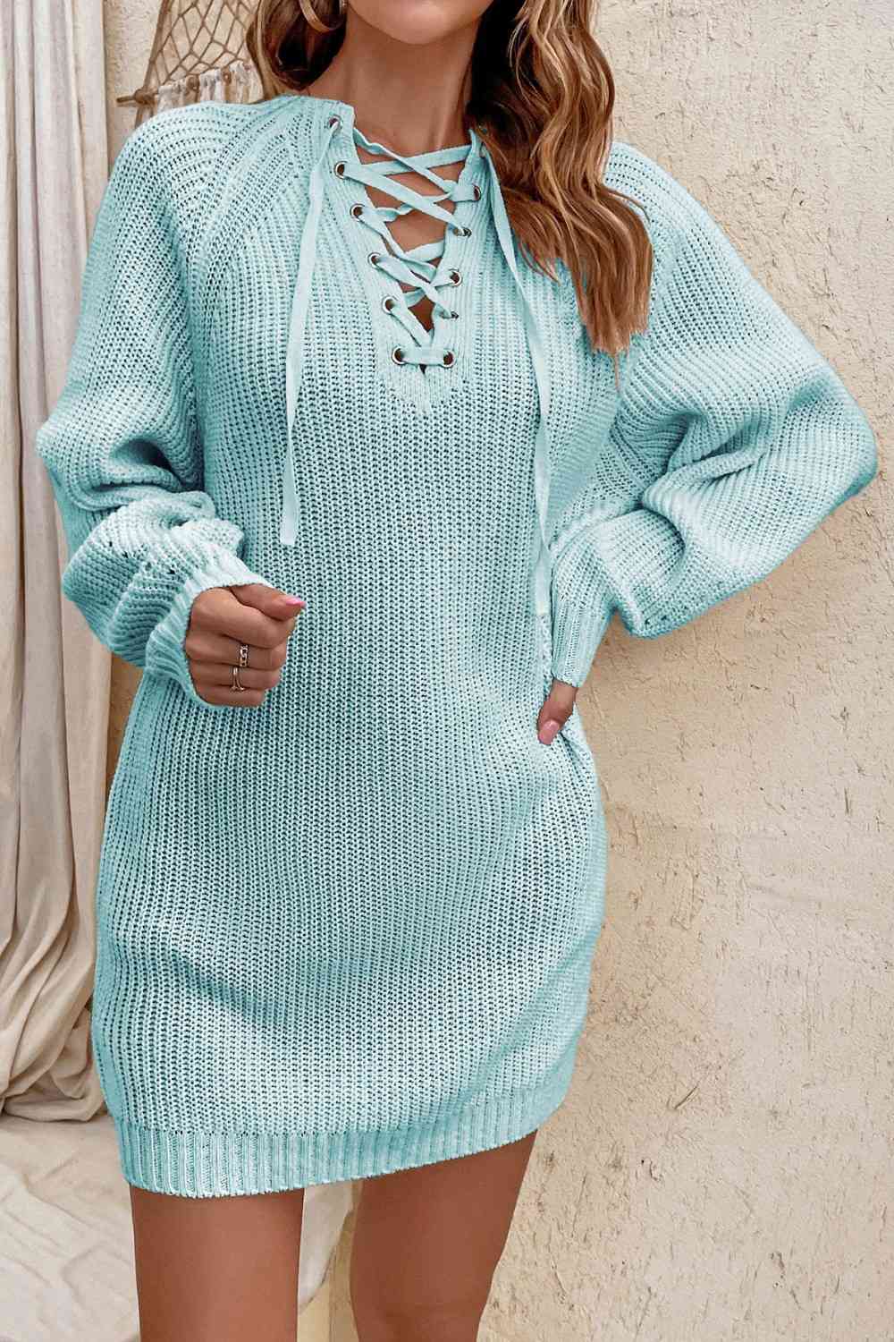 Lace - Up Mini Sweater Dress - Sweater Dress - Mint Blue - Bella Bourget