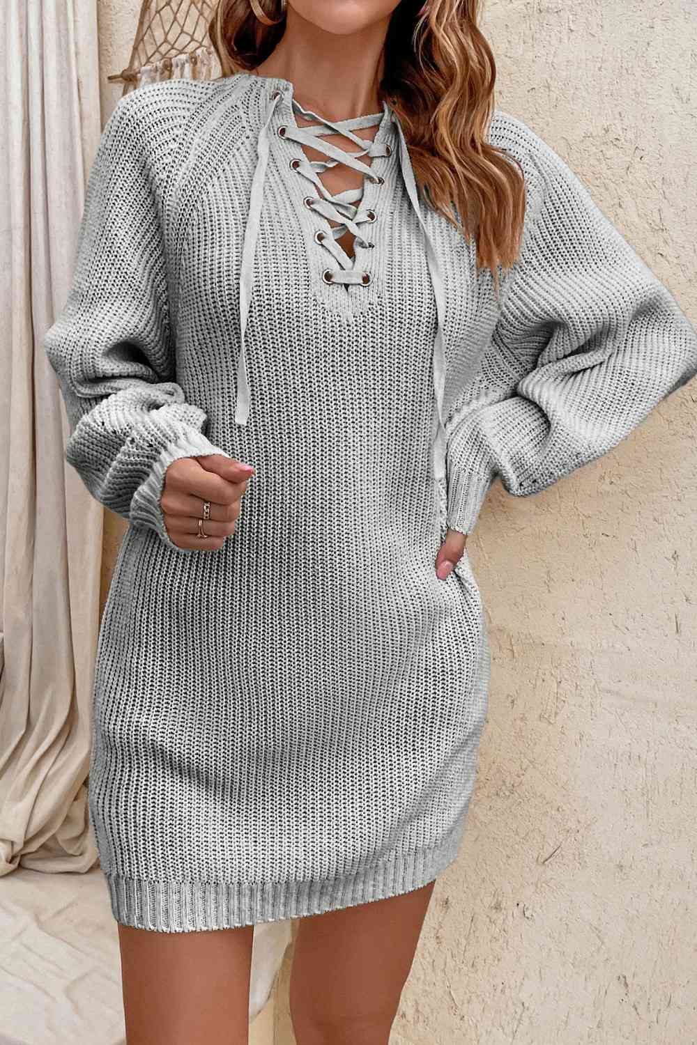 Lace - Up Mini Sweater Dress - Sweater Dress - Charcoal - Bella Bourget