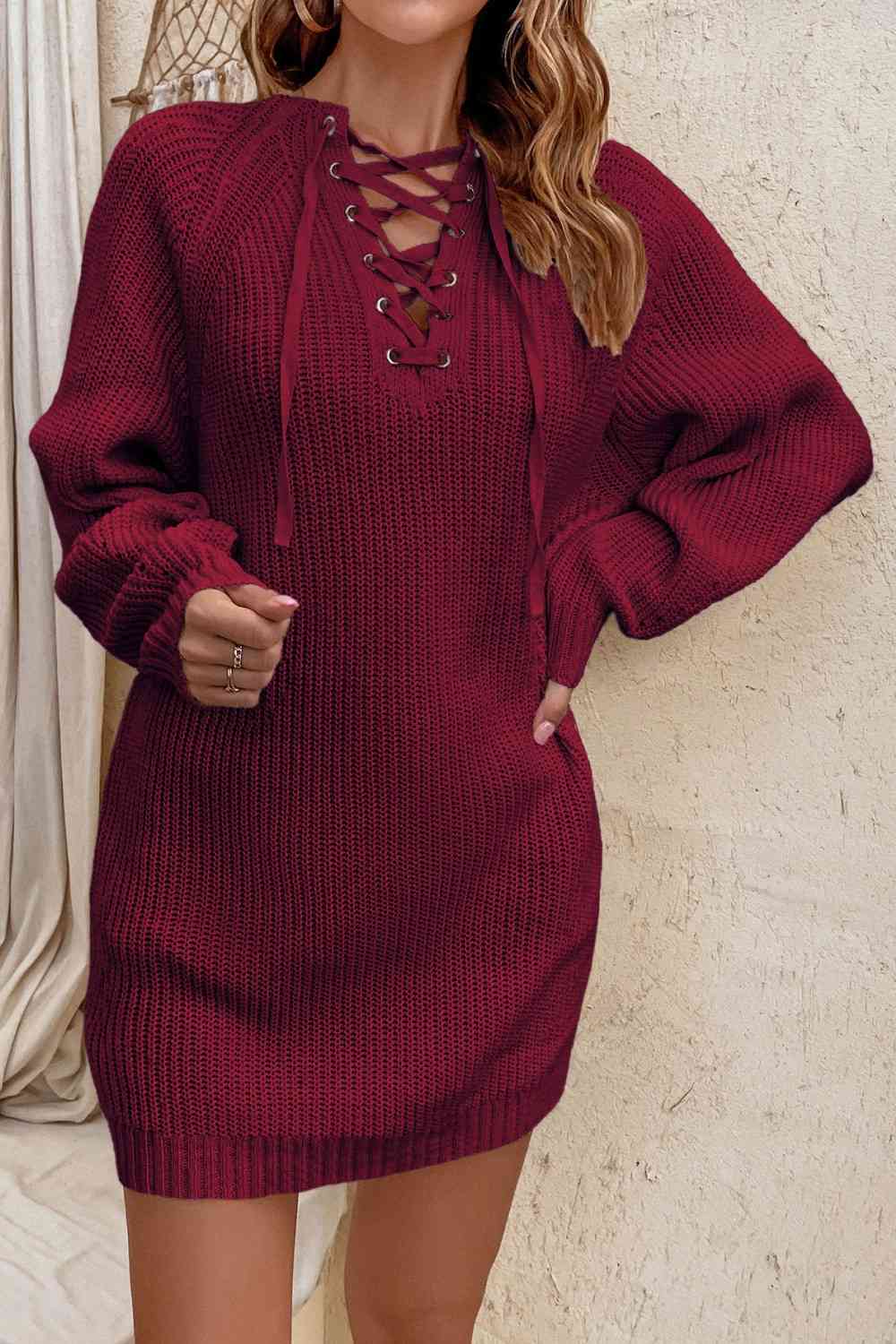 Lace - Up Mini Sweater Dress - Sweater Dress - Wine - Bella Bourget