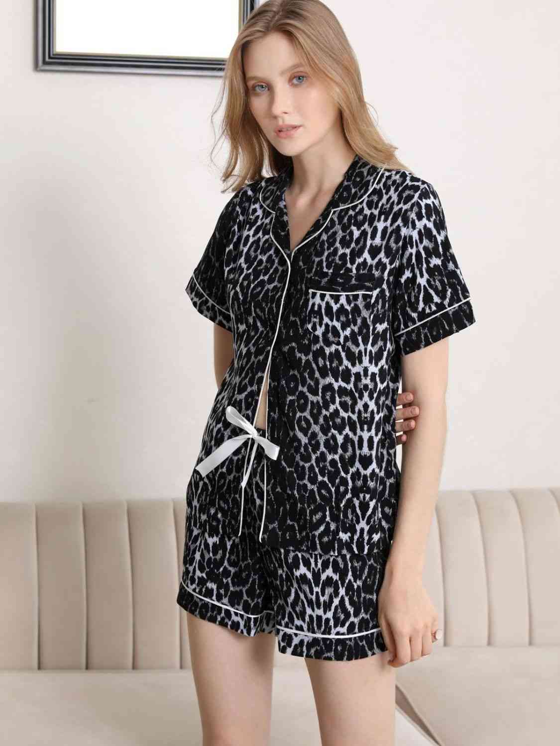 Lapel Collar Shirt and Shorts Pajama Set - Loungewear - Leopard - Bella Bourget