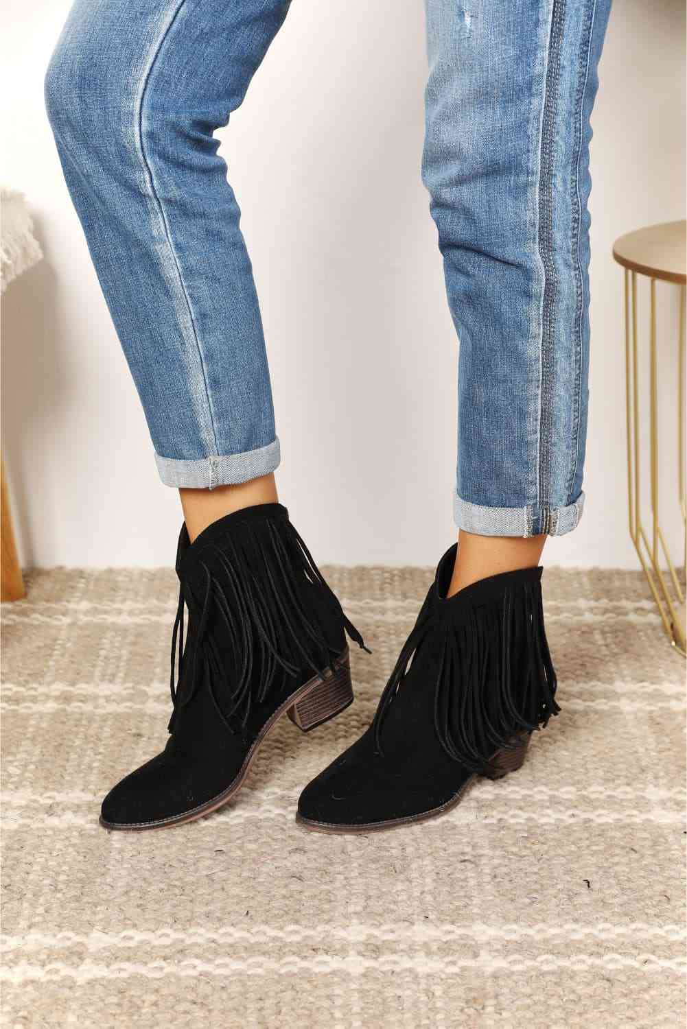 Legend Women's Fringe Cowboy Western Ankle Boots - shoes - Black - Bella Bourget