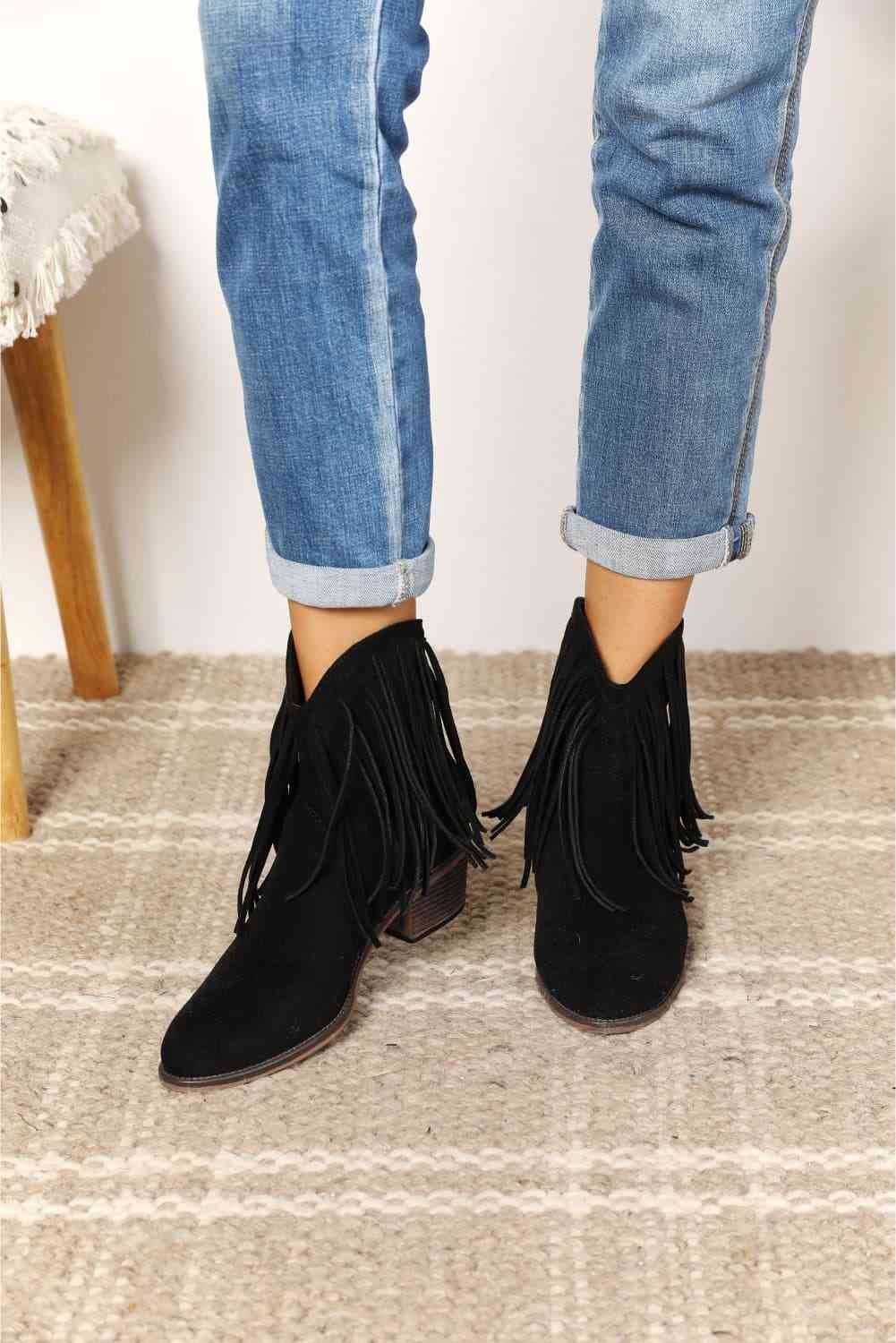 Legend Women's Fringe Cowboy Western Ankle Boots - shoes - Black - Bella Bourget