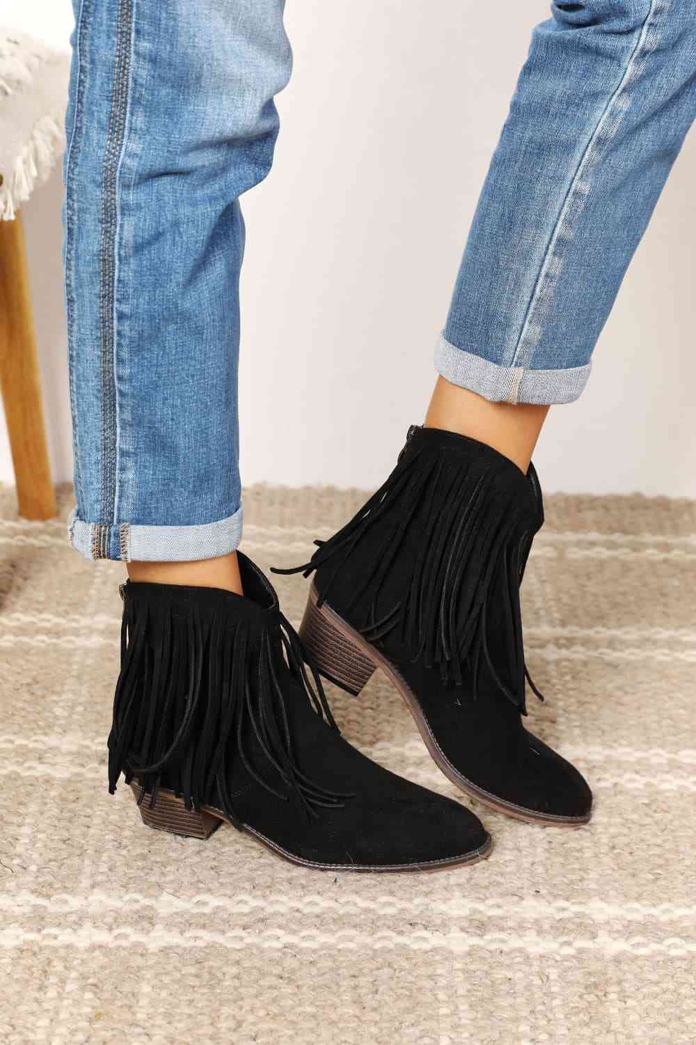 Legend Women's Fringe Cowboy Western Ankle Boots - shoes - Black - Bella Bourget