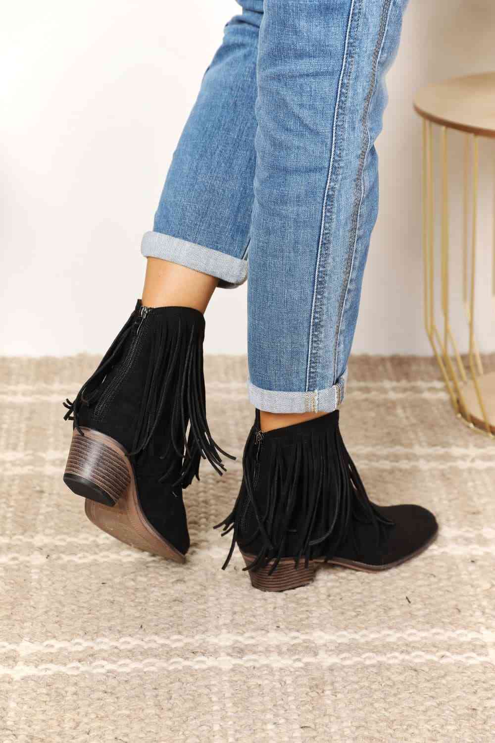 Legend Women's Fringe Cowboy Western Ankle Boots - shoes - Black - Bella Bourget