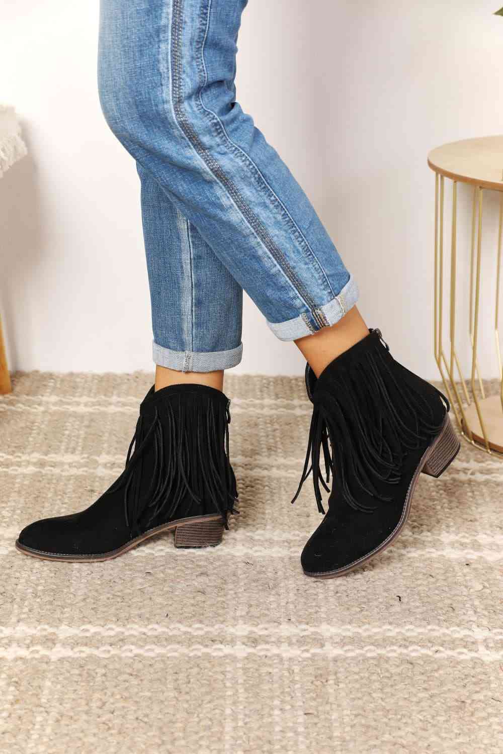 Legend Women's Fringe Cowboy Western Ankle Boots - shoes - Black - Bella Bourget