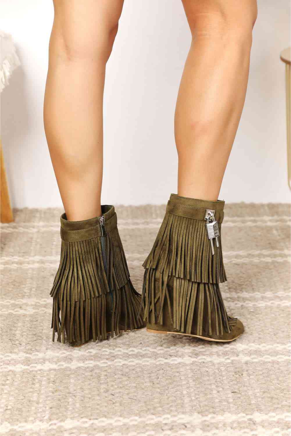 Legend Women's Tassel Wedge Heel Ankle Booties - shoes - Olive - Bella Bourget