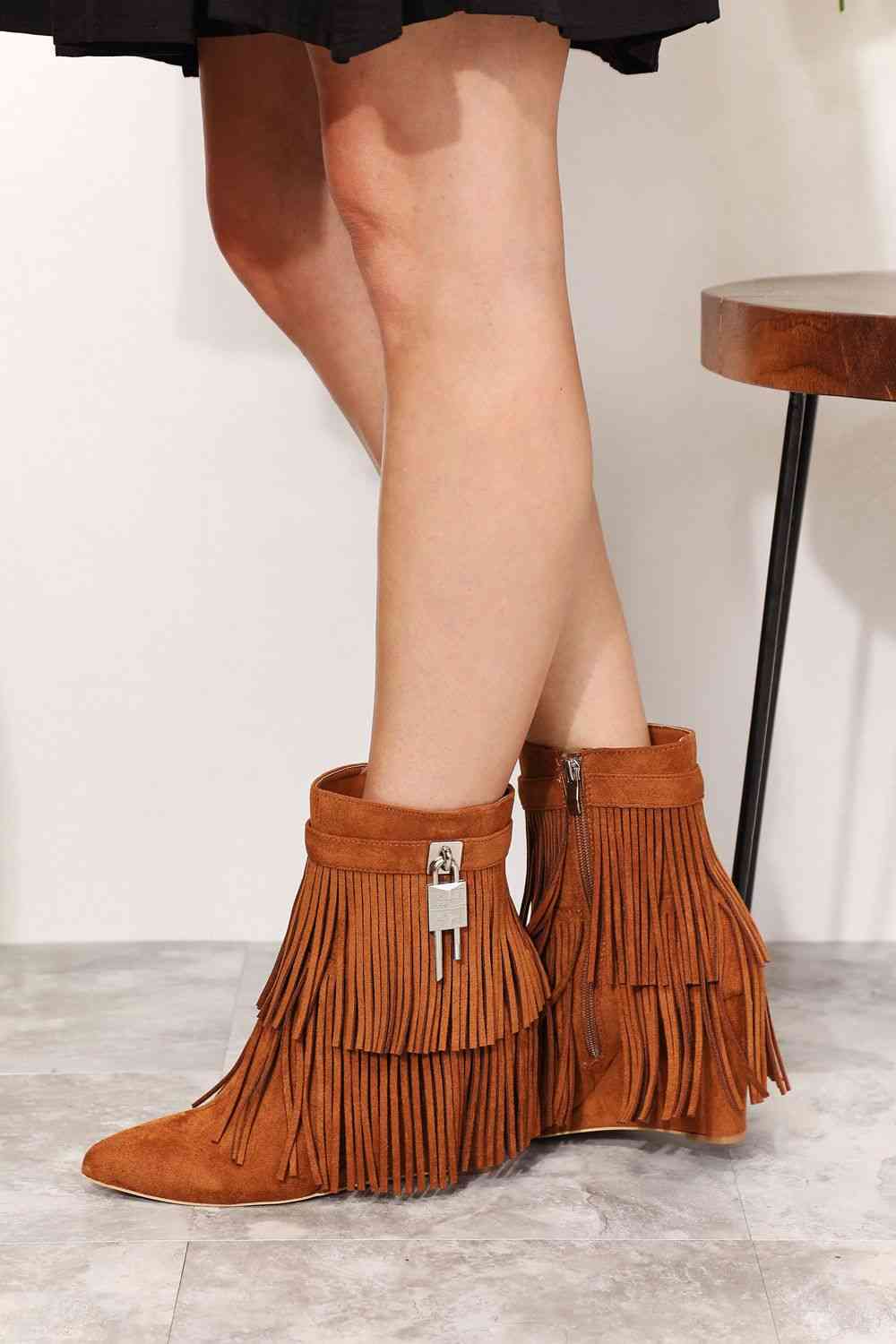 Legend Women's Tassel Wedge Heel Ankle Booties - shoes - Ochre - Bella Bourget