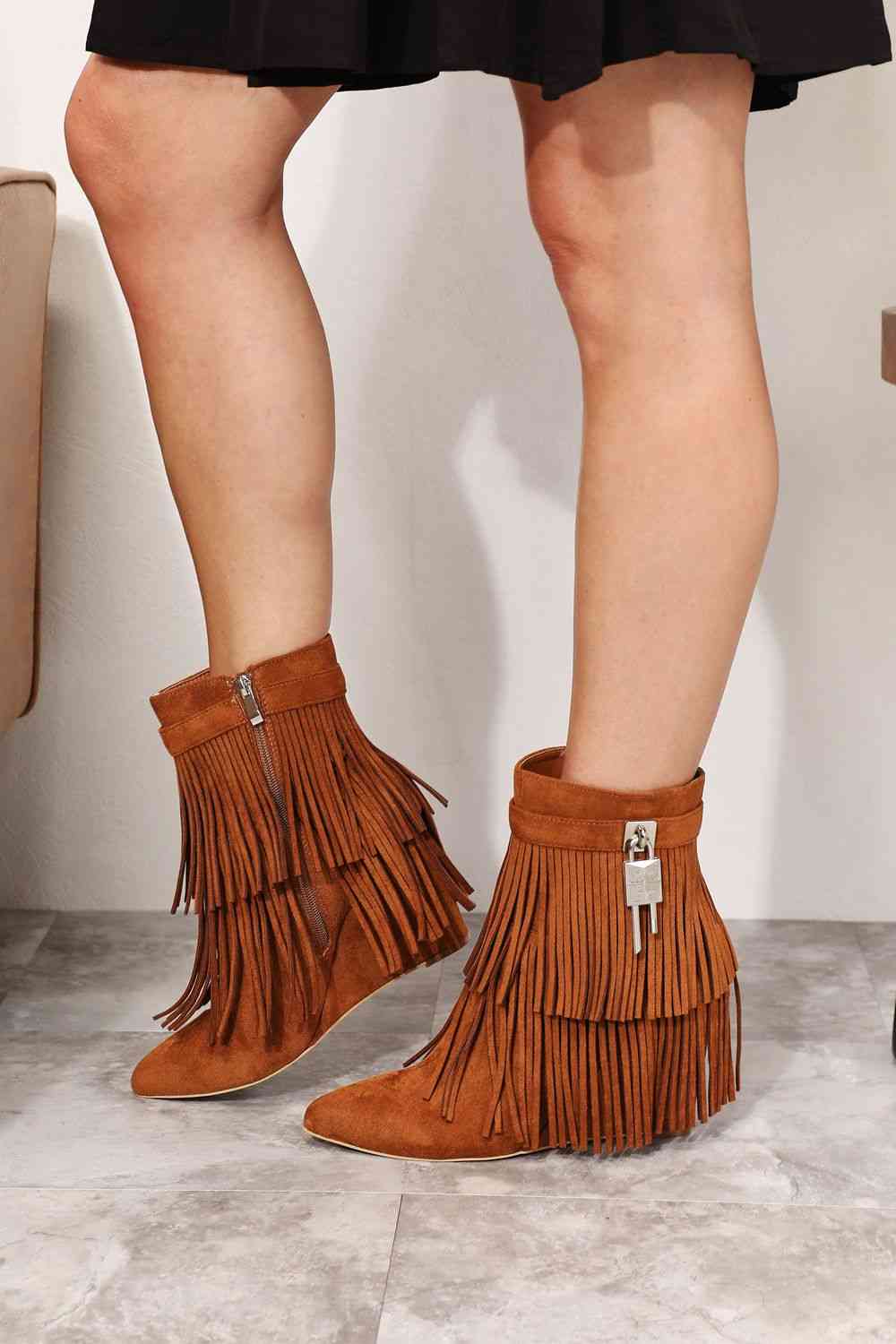 Legend Women's Tassel Wedge Heel Ankle Booties - shoes - Ochre - Bella Bourget