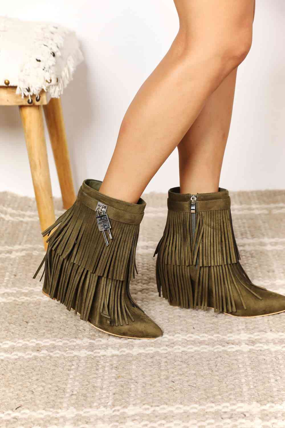 Legend Women's Tassel Wedge Heel Ankle Booties - shoes - Olive - Bella Bourget