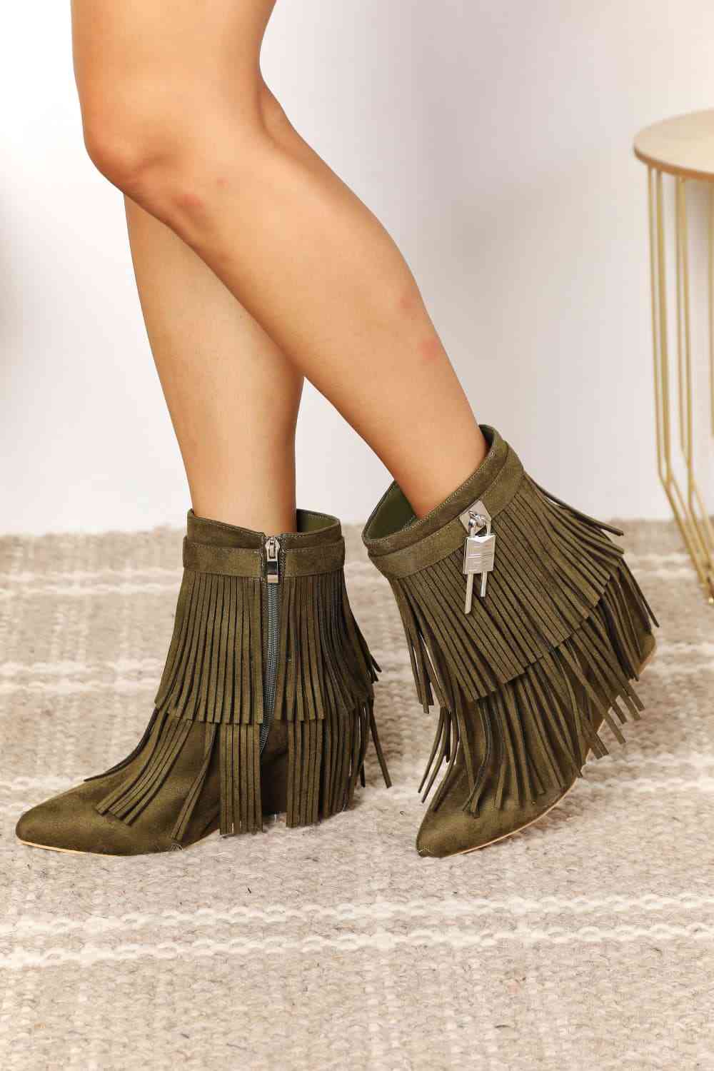 Legend Women's Tassel Wedge Heel Ankle Booties - shoes - Olive - Bella Bourget