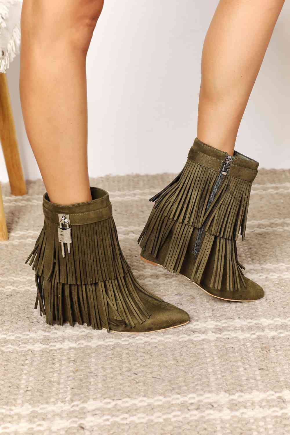 Legend Women's Tassel Wedge Heel Ankle Booties - shoes - Olive - Bella Bourget