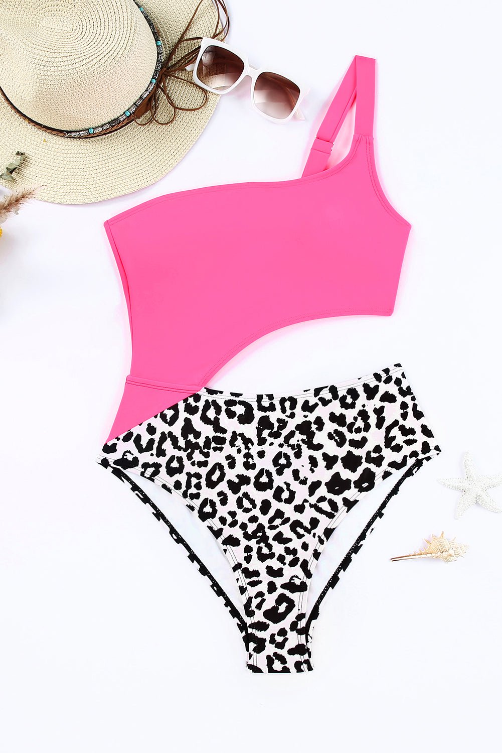 Leopard Cutout One - Shoulder One - Piece Swimsuit - One - Piece Swimsuit - Hot Pink - Bella Bourget