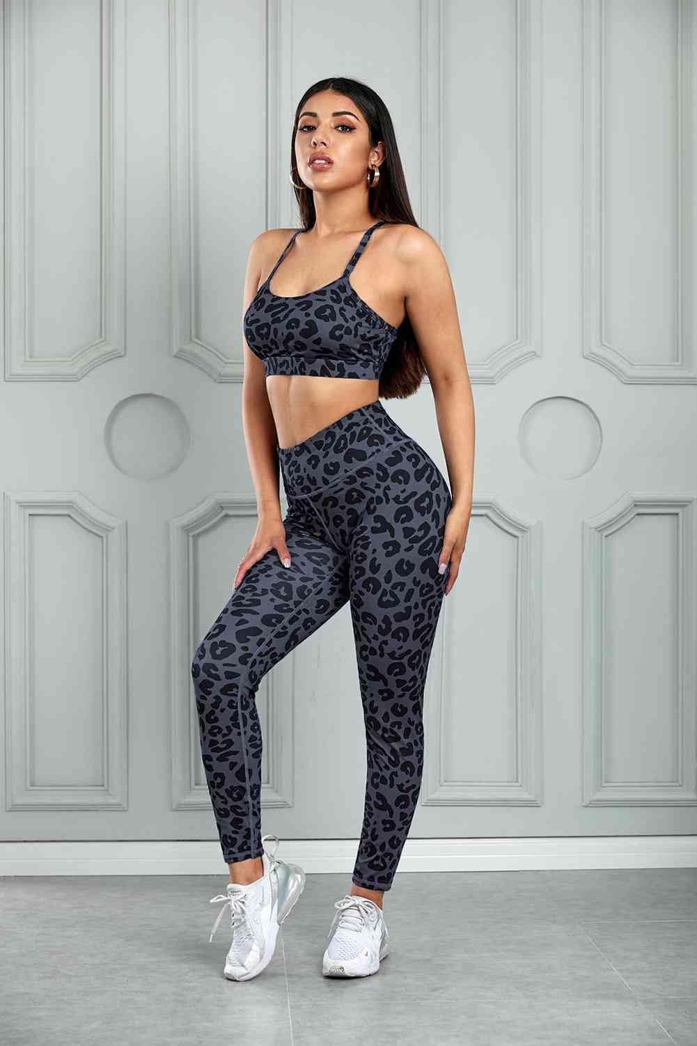 Leopard Cutout Sports Bra and Leggings Set - Active Set - Gray - Bella Bourget