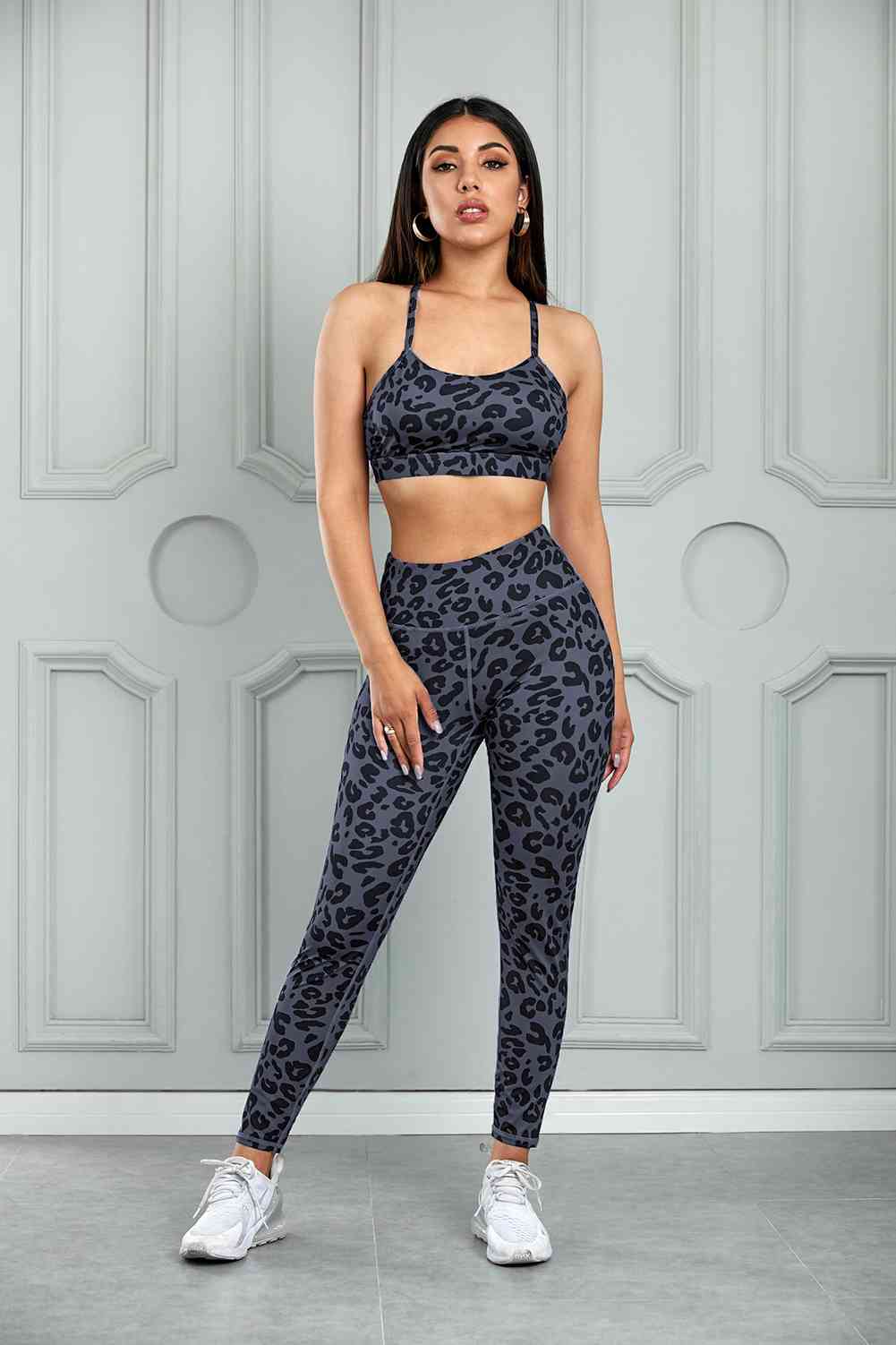 Leopard Cutout Sports Bra and Leggings Set - Active Set - Gray - Bella Bourget