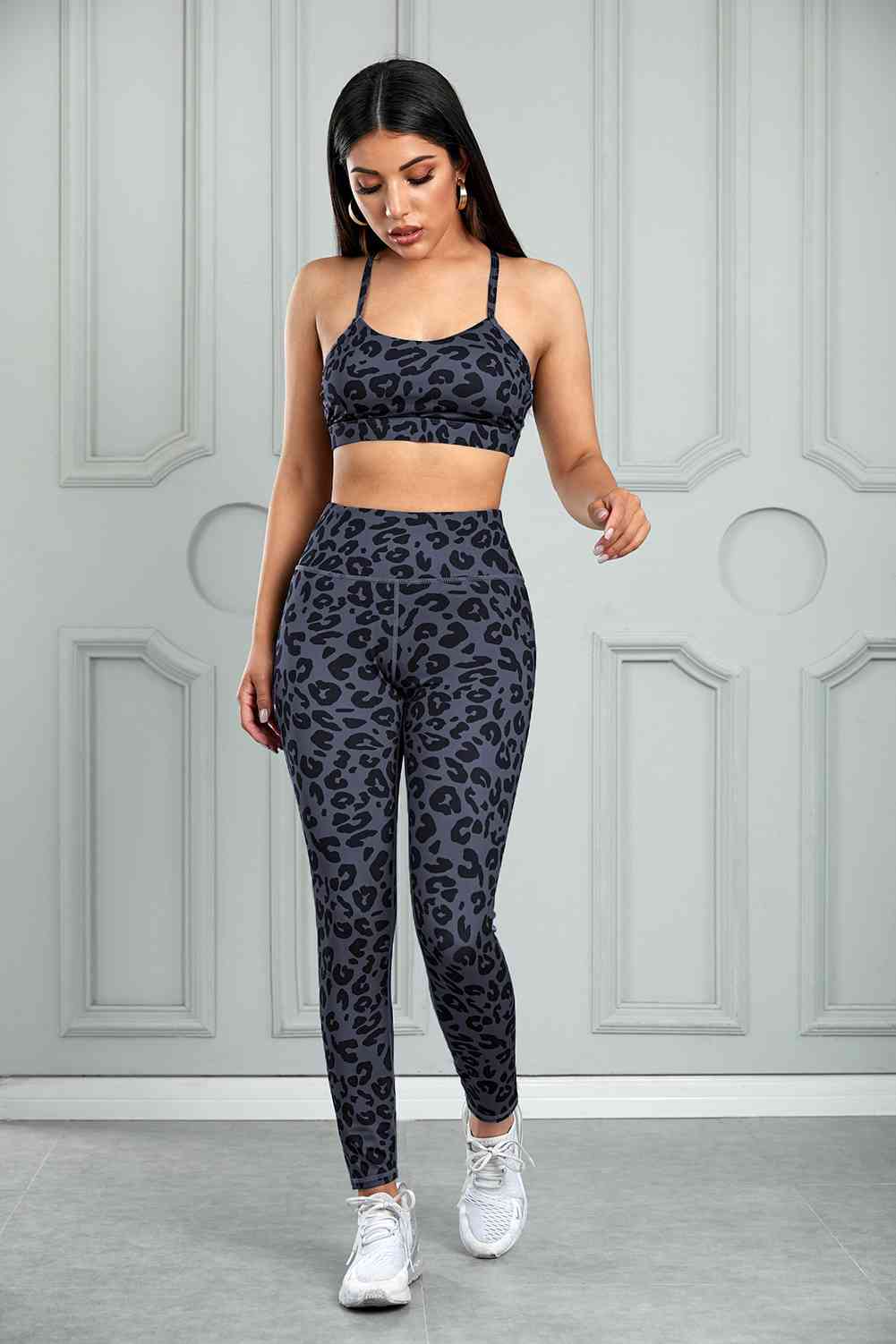 Leopard Cutout Sports Bra and Leggings Set - Active Set - Gray - Bella Bourget