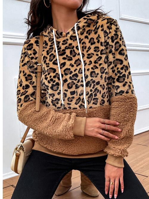 Leopard Drawstring Long Sleeve Hoodie - Hoodie - Caramel - Bella Bourget