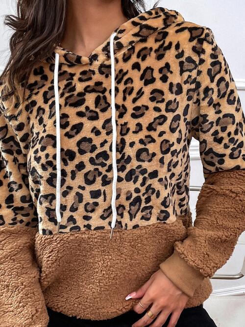 Leopard Drawstring Long Sleeve Hoodie - Hoodie - Caramel - Bella Bourget