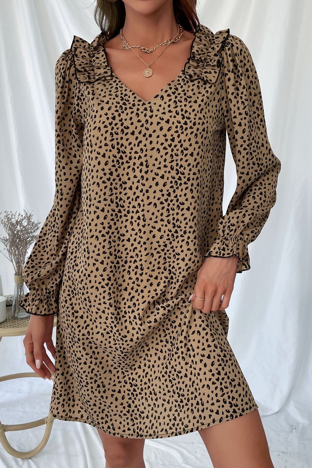 Leopard Frill Trim V - Neck Dress - Dress - Khaki - Bella Bourget