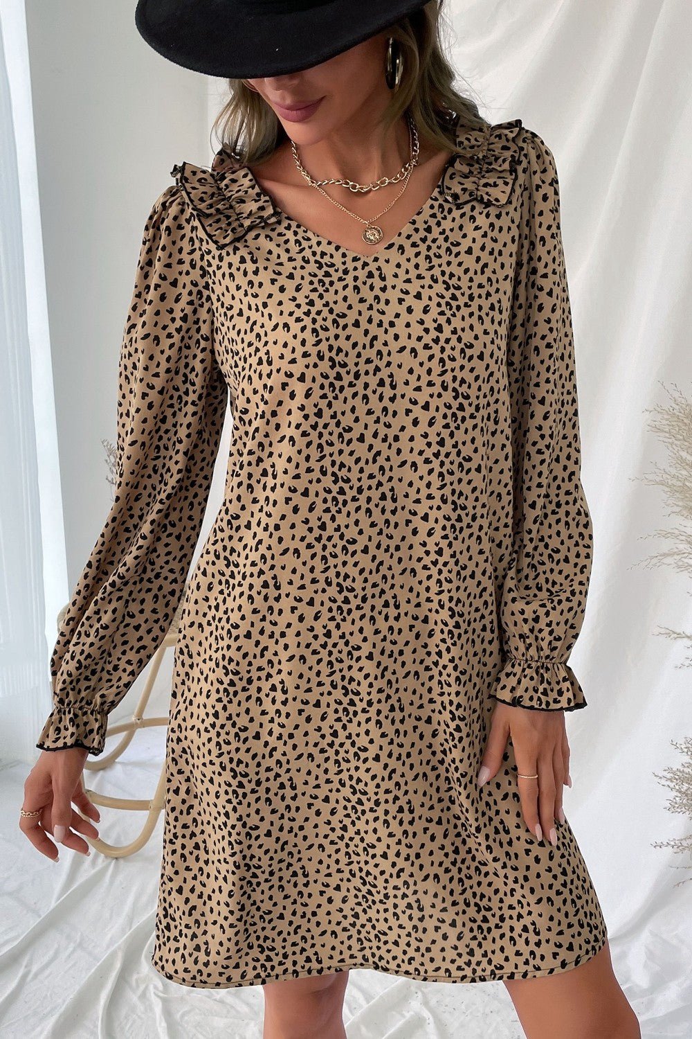 Leopard Frill Trim V - Neck Dress - Dress - Khaki - Bella Bourget