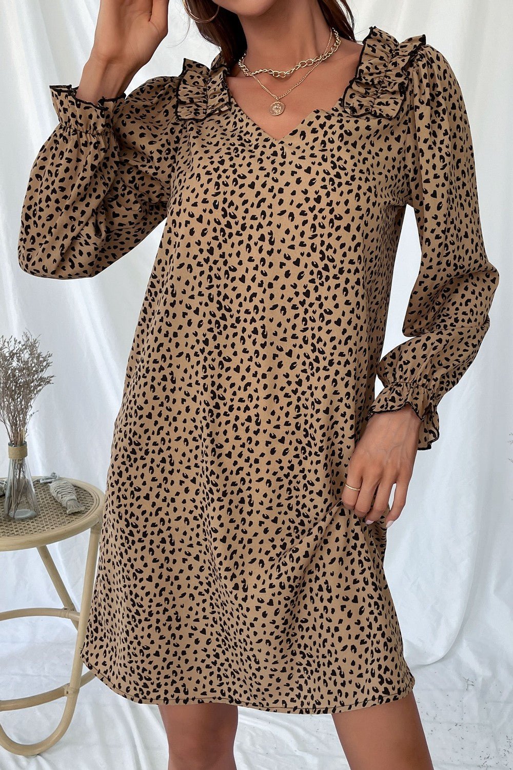 Leopard Frill Trim V - Neck Dress - Dress - Khaki - Bella Bourget