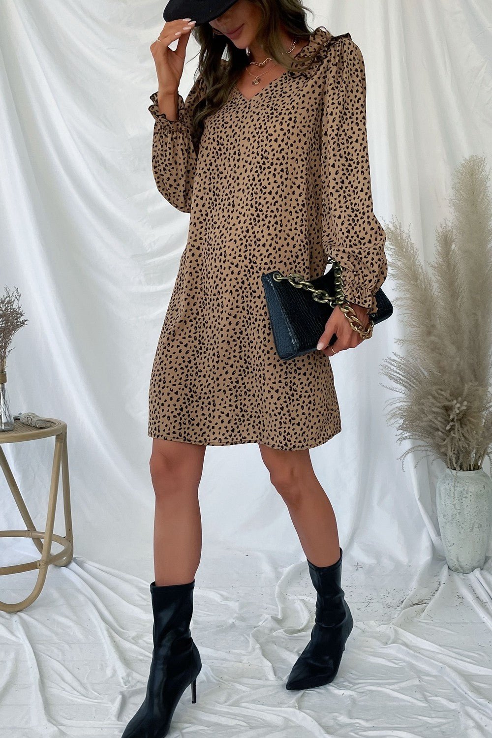 Leopard Frill Trim V - Neck Dress - Dress - Khaki - Bella Bourget