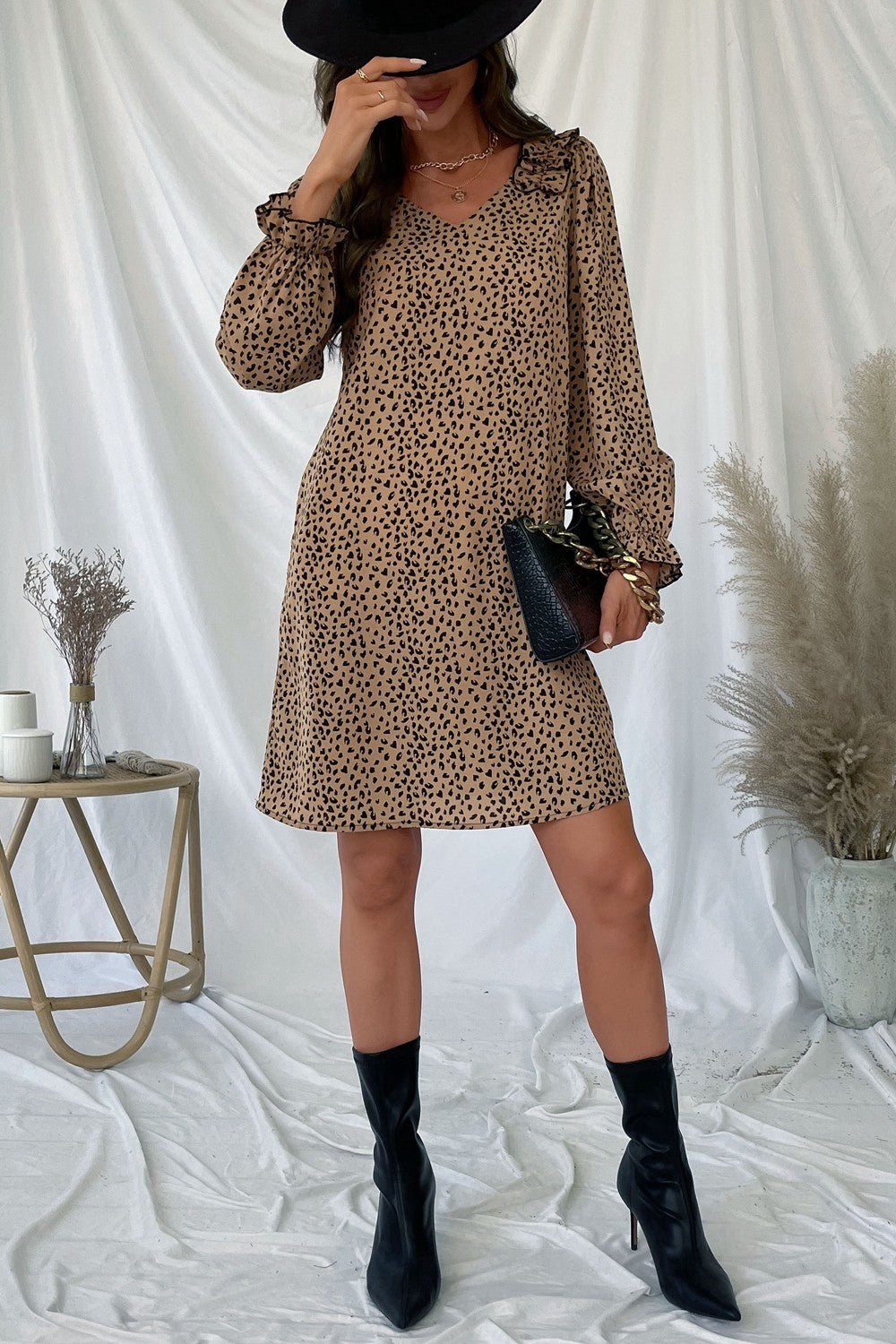 Leopard Frill Trim V - Neck Dress - Dress - Khaki - Bella Bourget