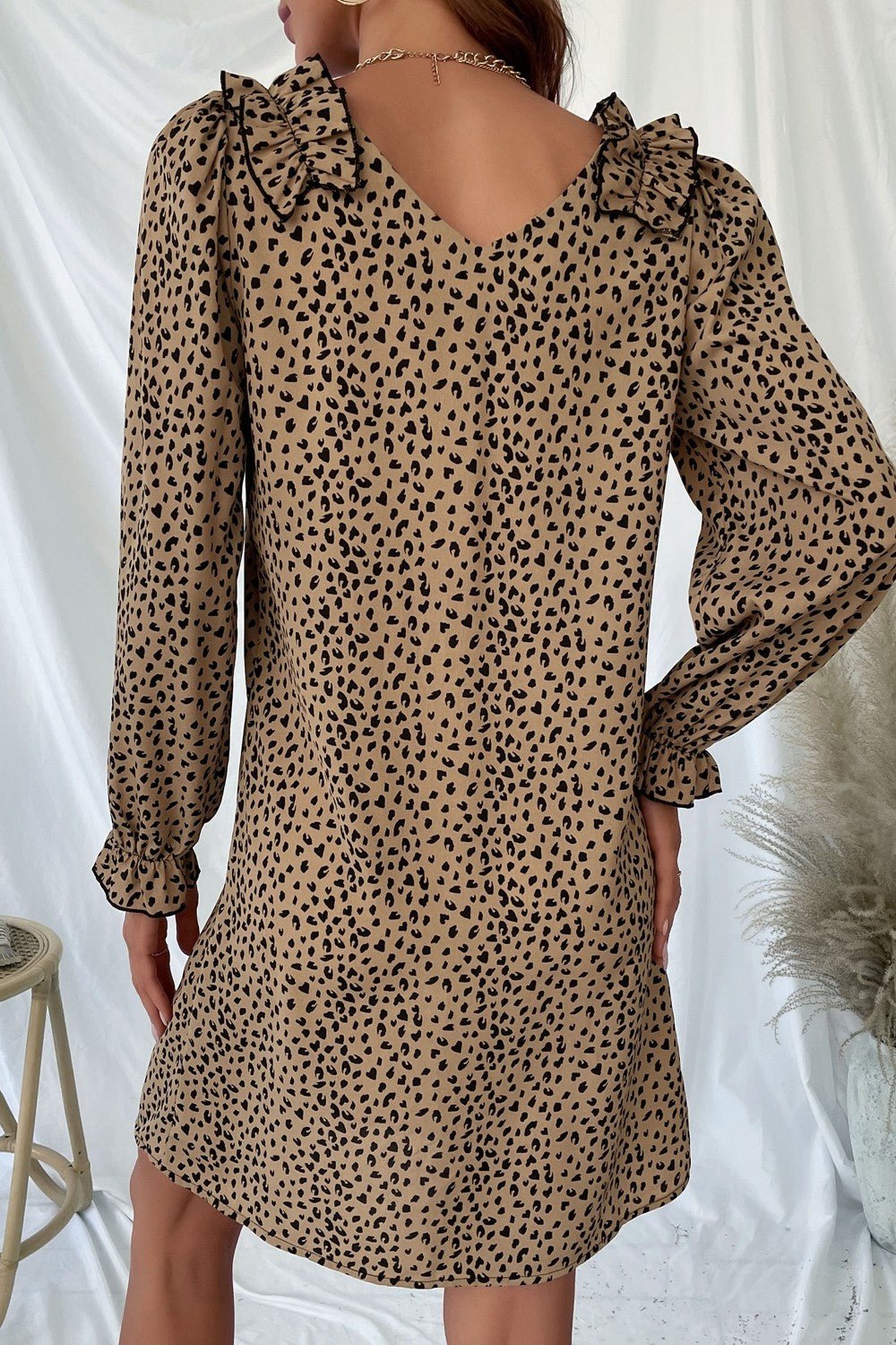 Leopard Frill Trim V - Neck Dress - Dress - Khaki - Bella Bourget