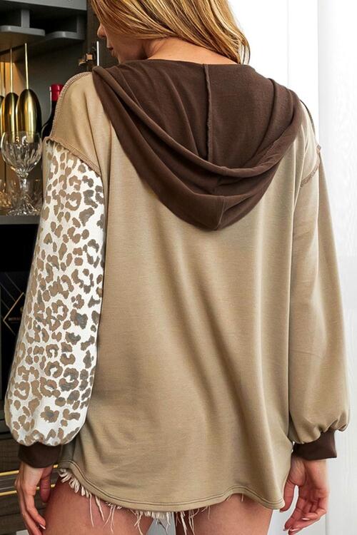 Leopard Half Button Drawstring Hoodie - Hoodie - Khaki - Bella Bourget