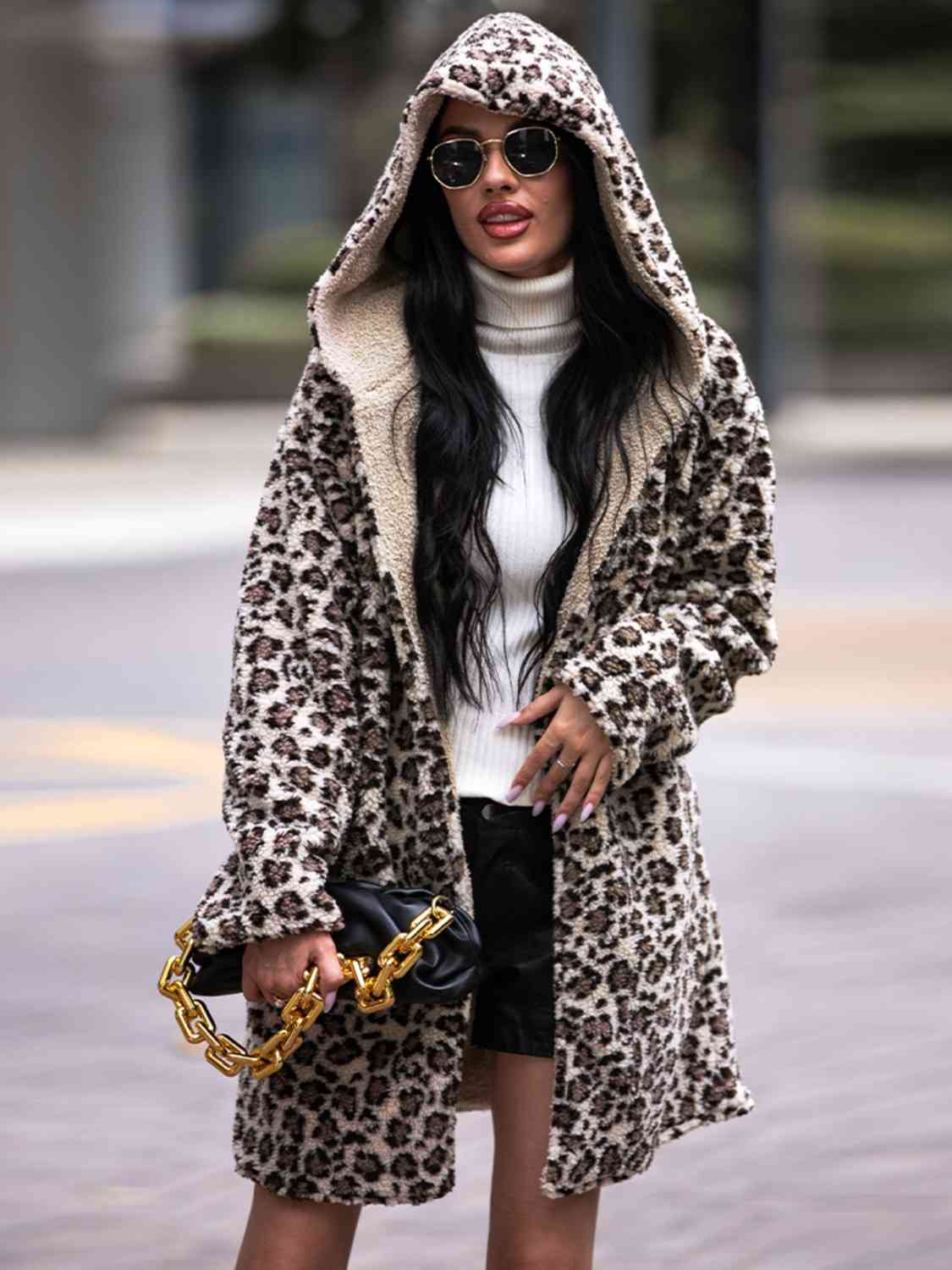 Leopard Print Hooded Coat with Pockets - Coat - Leopard - Bella Bourget