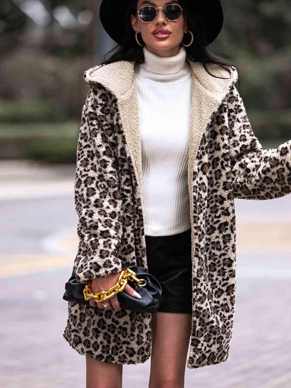 Leopard Print Hooded Coat with Pockets - Coat - Leopard - Bella Bourget